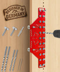 Two In One Cabinet Jig With Eleven Hole Shelf Pin Guide And Concealed Hinge Drill Template shown on wood panel