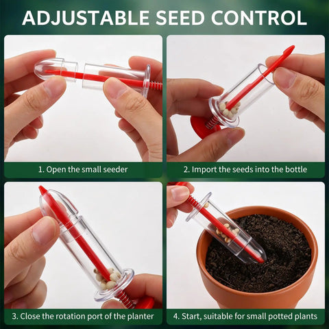 Hands demonstrating Seven Piece Seed Dispenser Set With 12 Hole Seeder Upgraded Mini Seed Spreader in use with potted plant.