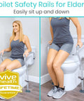 Toilet Safety Rail For Seniors And Disabled with Adjustable Grab Bar and Arms, woman using sit to stand aid on toilet.