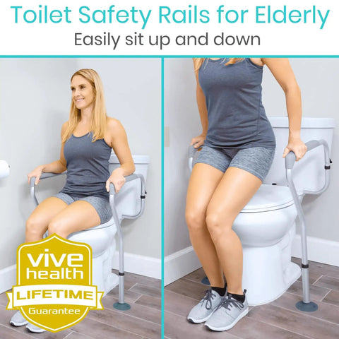 Toilet Safety Rail For Seniors And Disabled with Adjustable Grab Bar and Arms, woman using sit to stand aid on toilet.
