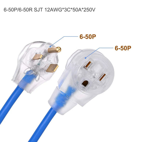 Close-up of 6-50 NEMA plug on a Heavy Duty Welder Extension Cord 25 Feet With 6 50 NEMA Plug For Portable Welders Copper Wires UL Approved