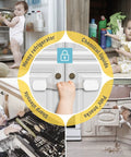 Four images of children and pets demonstrating dangers without 14 Pack Baby Proof Cabinet Latches With Extra 3M Adhesives.