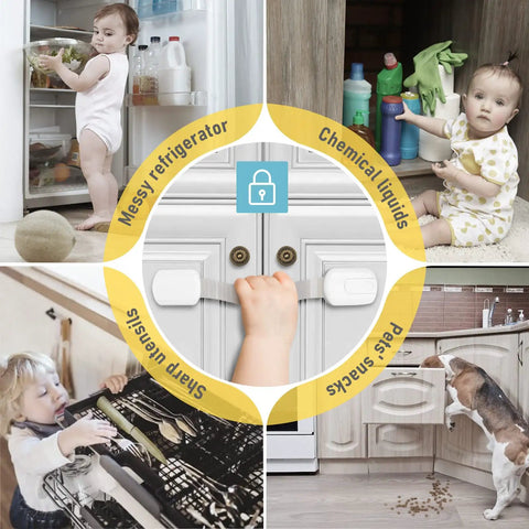 Four images of children and pets demonstrating dangers without 14 Pack Baby Proof Cabinet Latches With Extra 3M Adhesives.