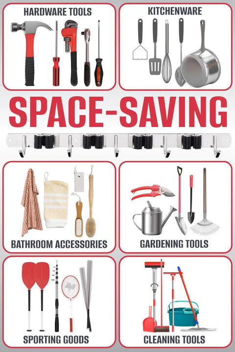 Heavy Duty Mop And Broom Holder Wall Mount With Stainless Steel Five Rack Organizer And Four Hooks for space-saving storage