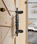 Installed 9 Inch Barn Door Pull Handle Set In Rustic Black Aluminum, ergonomic design, powder coated finish, 2 pack