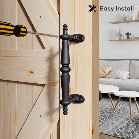 Installed 9 Inch Barn Door Pull Handle Set In Rustic Black Aluminum, ergonomic design, powder coated finish, 2 pack