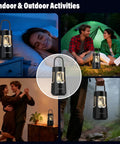 Outdoor Camping Lantern With Built In Bluetooth Speaker And Waterproof Shell Dual Color Ambient Lighting Bluetooth Five Three Portable Speaker With TWS Stereo For Camping Patio Backyard Gatherings shown in various settings including camping and indoors.