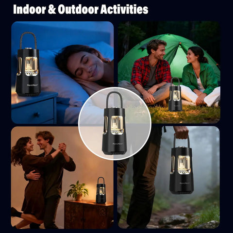 Outdoor Camping Lantern With Built In Bluetooth Speaker And Waterproof Shell Dual Color Ambient Lighting Bluetooth Five Three Portable Speaker With TWS Stereo For Camping Patio Backyard Gatherings shown in various settings including camping and indoors.