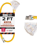 2 ft lighted outdoor extension cord with heavy-duty yellow SJTW cable, three-prong plug and lighted outlet, 15 amp