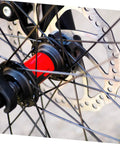 Close-up of Rock Solid Mountain Bike Disc Brake Kit with mechanical calipers, 160mm rotor mounted on wheel hub.