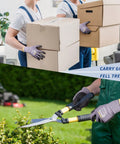 LOCCEF work gloves with gray nitrile-dotted palms shown in two views: lifting boxes and hedge pruning; 6-pair set.