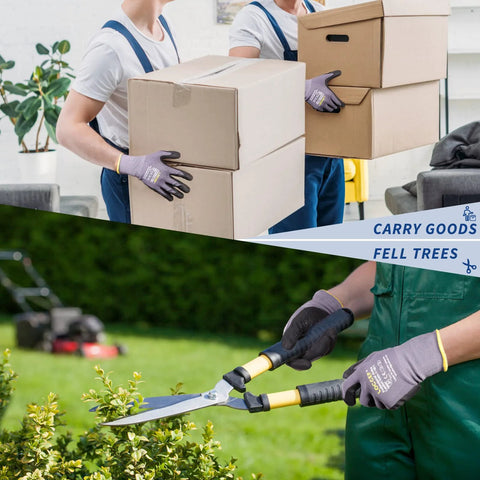 LOCCEF work gloves with gray nitrile-dotted palms shown in two views: lifting boxes and hedge pruning; 6-pair set.