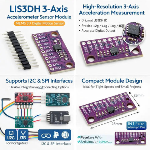 Six Pack LIS3DH 3 Axis MEMS Accelerometer Sensor Modules With I2C And SPI Interfaces, 1.71 To 3.6 V, High Resolution 3 Axis Acceleration, Selectable Ranges From 2G To 16G, Tilt And Motion Sensing For Robotics And IoT Projects. 28mm PCB module