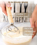Person using 10-inch stainless steel dough whisk with oak handle in a bowl of flour for Sourdough Starter Kit With Glass Jar Banneton Bread Proofing Basket And 9 Inch Round Proofing Bowl For Home Bread Baking Set Of Sourdough Supplies For Easy Pro Level Loaves.