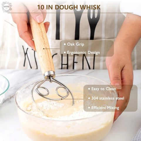 Person using 10-inch stainless steel dough whisk with oak handle in a bowl of flour for Sourdough Starter Kit With Glass Jar Banneton Bread Proofing Basket And 9 Inch Round Proofing Bowl For Home Bread Baking Set Of Sourdough Supplies For Easy Pro Level Loaves.