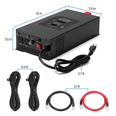 2000W Sump Pump Backup Workhorse With 12V 80Ah Battery Pure Sine Inverter Smart Auto Switch Ultra Low Standby Power Saving back view with dimensions and power cords.