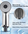 Heavy Duty Pull Out Spray Wand Replacement For Kitchen Faucets With Slick Super Steel Finish RustProof Construction Double O Ring Seal Kick Up Your Sink Game Smooth Daily Operation Pro Grade Quality, featuring silicone nozzle and two water flow modes.