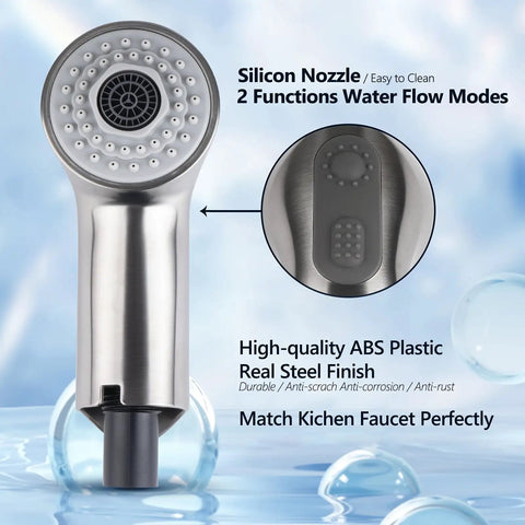 Heavy Duty Pull Out Spray Wand Replacement For Kitchen Faucets With Slick Super Steel Finish RustProof Construction Double O Ring Seal Kick Up Your Sink Game Smooth Daily Operation Pro Grade Quality, featuring silicone nozzle and two water flow modes.