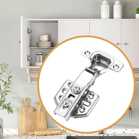 Stainless Steel Soft Close Cabinet Hinges For Kitchen And Home in use on a kitchen cabinet, close-up of hinge detail.