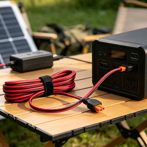 Top Shelf XT60i Extension Cable Male To Female 12 Awg 16 Foot Power Wire with reinforced connectors plugged into portable power station.