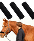 3 Pack Black Noseband Covers For Horses With Soft Fleece Padding on brown horse, showing gentle comfort use