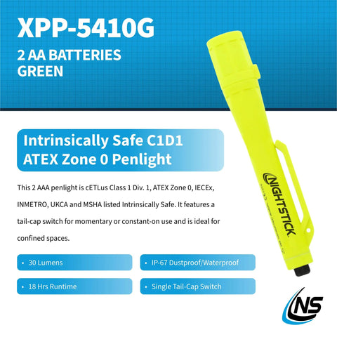 Intrinsically Safe Permissible Penlight Built Tough For Tactical And Outdoor Use, 30 Lumen Green Beam, 147mm Length, USA Designed