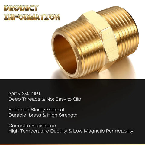 Two Piece Brass Pipe Fitting Three Quarter Inch NPT Hex Nipple Male Pipe Adapter Straight Connector Heavy Duty Brass Threaded Fitting for Secure Leak Free Connections
