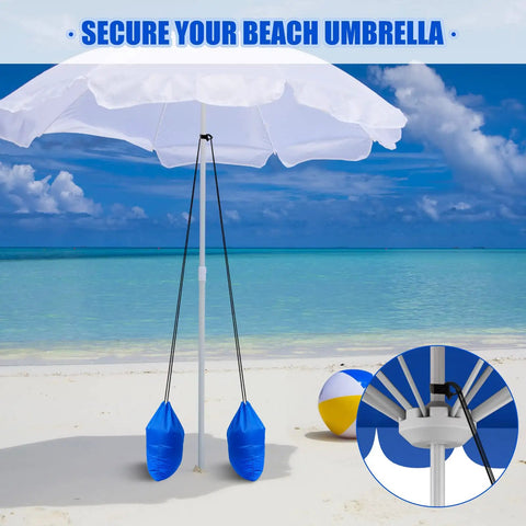 2 Pack Fillable Sandbags For Beach Umbrella And Outdoor Canopy Windproof Weights attached to beach umbrella on sand