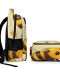 Side view of Dope Starry Floral Patriot Bee Print Backpack for unisex use, large capacity, durable polyester, smooth zipper