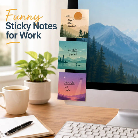 Cryptid And Space Sticky Notes Set Of 12 Three By Three Inch Self Stick Memo Pads With Four Each Bigfoot Nessie And UFO Designs on monitor