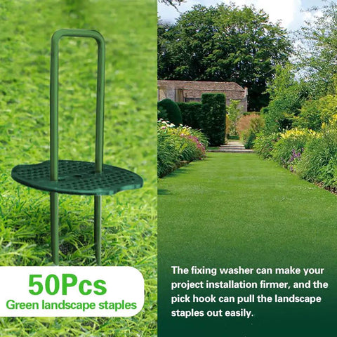 Green Painted Turf Stakes Set With 50 Stakes And 50 Buffer Washers 6 Inch 11 Gauge Heavy Duty Lawn Spikes For Grass Weed Barrier And Sod Fabric Rustproof Green Coated Ground Pins Reusable And Easy To Install shown with garden installation view