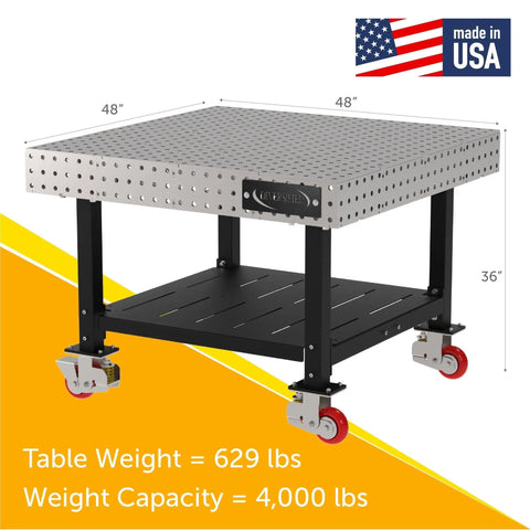 Shop Tough Mobile Welding Table 48 Inch Heavy Duty Work Bench featuring precision hole grid and smooth rolling locking casters.