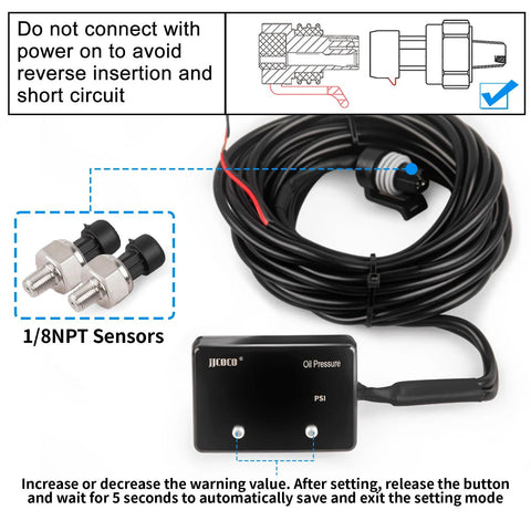 Front view of JJCOCO 232 PSI oil pressure gauge kit with LED digital display, 12V power, and 1/8 NPT sensors