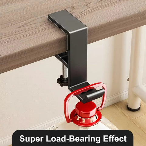 Aluminum Alloy Headphone Stand For Desk Mount, Under Desk Headset Holder And Hook, installed under a wooden desk with a visible mount.