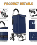 Heavy Duty 3 In 1 Folding Shopping Cart With 6 Wheels And 110 Lb Capacity Portable Hand Truck Waterproof Bag For Moving And Camping Collapsible Grocery Cart Multi Purpose Utility Dolly with blue bag, side pockets, and foam handle, shown with detailed features and folding mechanism.