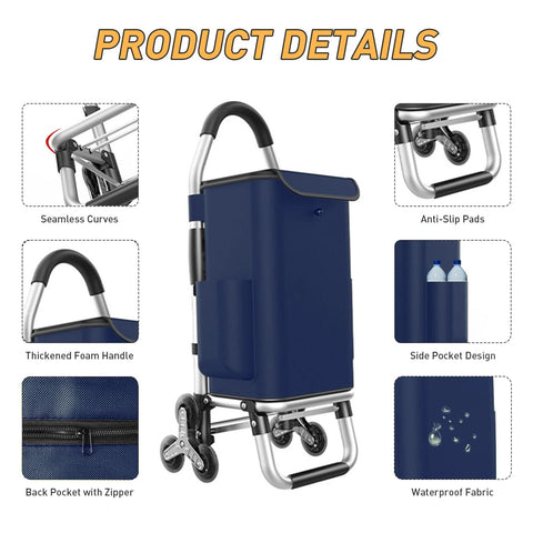 Heavy Duty 3 In 1 Folding Shopping Cart With 6 Wheels And 110 Lb Capacity Portable Hand Truck Waterproof Bag For Moving And Camping Collapsible Grocery Cart Multi Purpose Utility Dolly with blue bag, side pockets, and foam handle, shown with detailed features and folding mechanism.