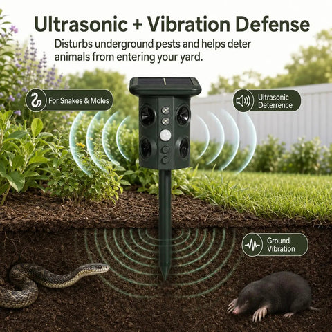 Outdoor Ultrasonic Animal Deterrent With Motion Sensor, Solar Powered Pest Repeller, 3 In 1 System With Ultrasound, Flashing LED Light, And Ground Vibration To Deter Snakes, Moles, Voles, And Gophers In Your Yard. in garden soil