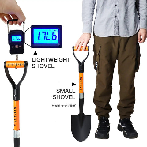 Person holding Kids 28 Inch D Handle Shovel for Digging Gardening Beach and Camping Metal Blade With Fiberglass Handle Lightweight Mini Shovel