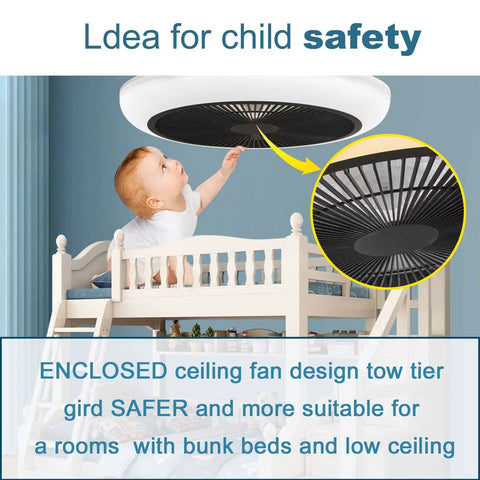 Child-safe Bladeless 18 Inch Ceiling Fan With Light, Remote, Black Finish, enclosed design above bunk bed