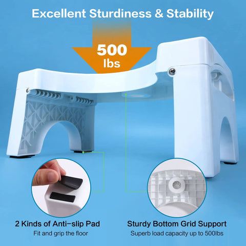 Foldable 7-Inch Toilet Potty Stool For Adults with 500 lb capacity, anti-slip pads, and sturdy grid support on blue background