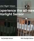 Cam V3 Indoor Outdoor Security Camera color night vision test showing baby crib, left without sensor, right with starlight sensor.