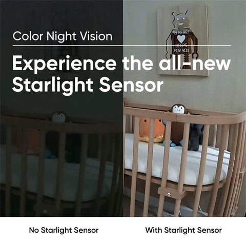 Cam V3 Indoor Outdoor Security Camera color night vision test showing baby crib, left without sensor, right with starlight sensor.