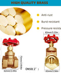 Front view: 2-inch brass gate valve with red handwheel and NPT female threads