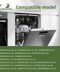 Open dishwasher showing compatibility chart for four piece dishwasher installation bracket kit with thick stainless steel construction.