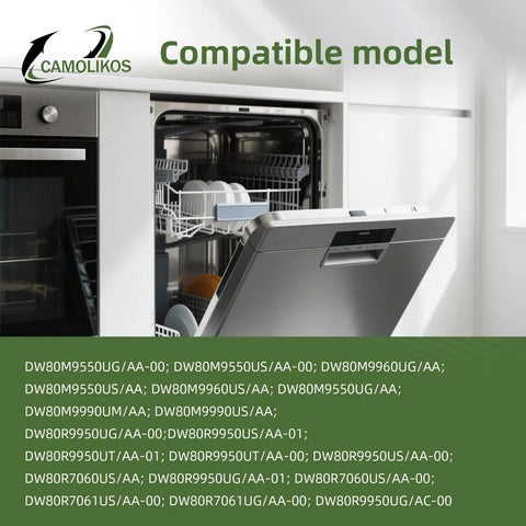Open dishwasher showing compatibility chart for four piece dishwasher installation bracket kit with thick stainless steel construction.