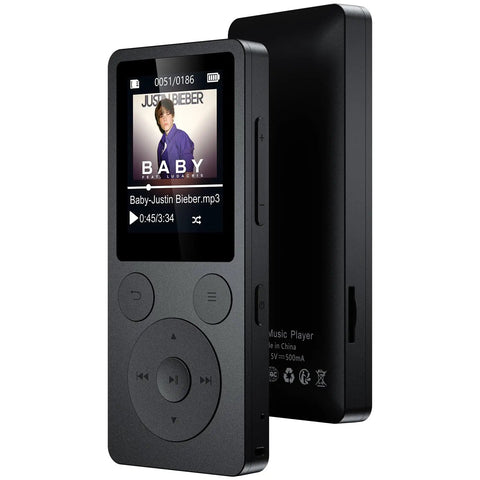 64GB MP3 Player With Bluetooth 5.3 And Built-In Speaker displaying music on 1.8-inch screen with physical buttons for quick control.