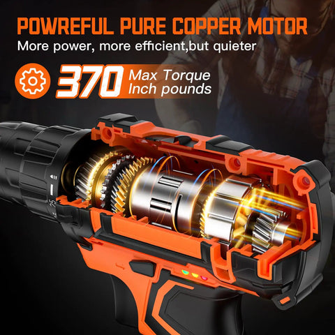 Cutaway view of 20V Cordless Drill Set for Home DIY highlighting powerful pure copper motor and 370 inch-pound torque.