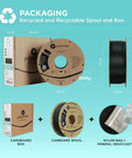 Packaging of Lightweight Grey PLA Filament 1.75mm 0.8kg for 3D Printing shown with recyclable spool and box
