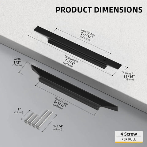 Matte Black Cabinet Handles 25 Pack 5 Inch Finger Pulls Long Cabinet Pulls Built To Last For Modern Kitchens And Bathrooms Easy Install Hardware With 128mm Hole Centers And Durable Aluminum Alloy Finish with dimensions and screws visible.