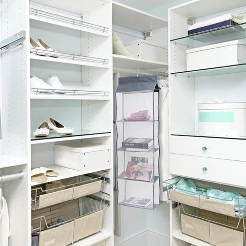 Heavy Duty Five Layer Hanging Closet Organizer With Clear View Window And Tough Rust Resistant Steel Hook For Straight Up Wardrobe Storage showing in closet setup.